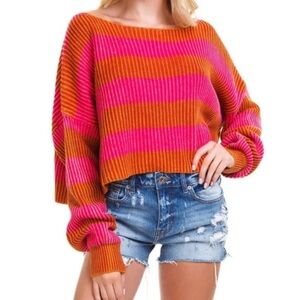 Free People Just My Striped Long Sleeve Pullover in Pink & Orange Size: Small